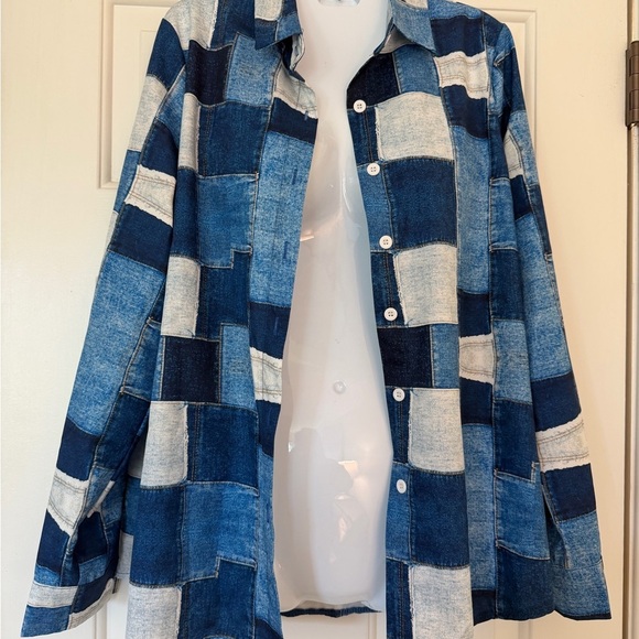 SHEIN Tops - Blue and White Patchwork denim look top long sleeve button down